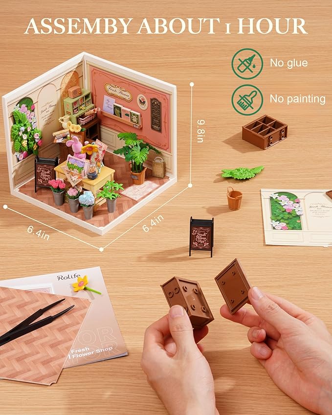 DIY Mini Fresh Flower Shop Dollhouse House Kit, Bulid Scenary for Action Collectible Figures