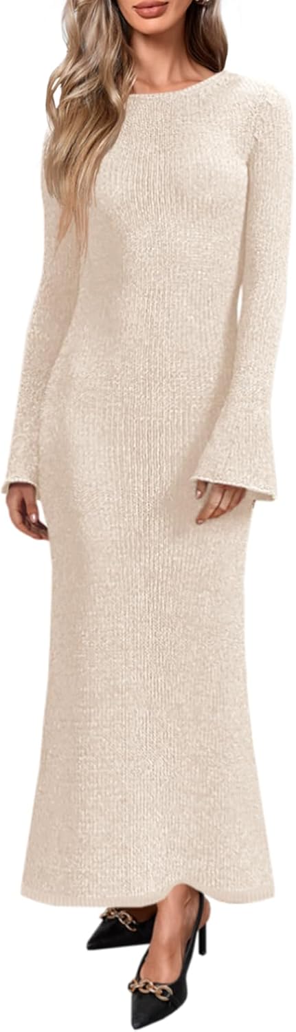 Womens Bell Long Sleeve Maxi Dress Casual Crewneck Knit Slim Fit Flowy Sweater Dresses