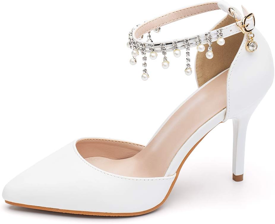Pointed Toe Pumps High Heel Ankle Strap Dress Shoes Wedding Party Pump with Pearl 3.54”