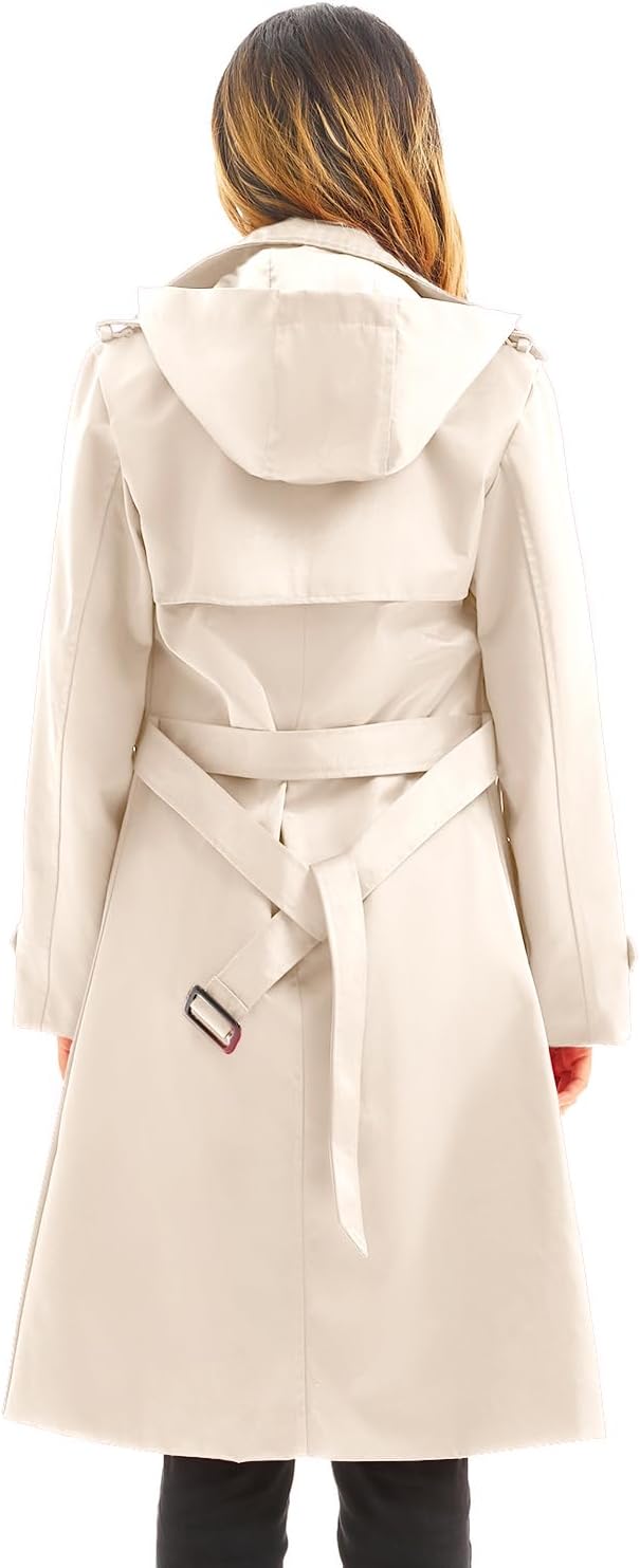 Women's Waterproof Trench Coat Long Double Breasted Windbreaker Classic Belted Lapel Overcoat with Removable Hood