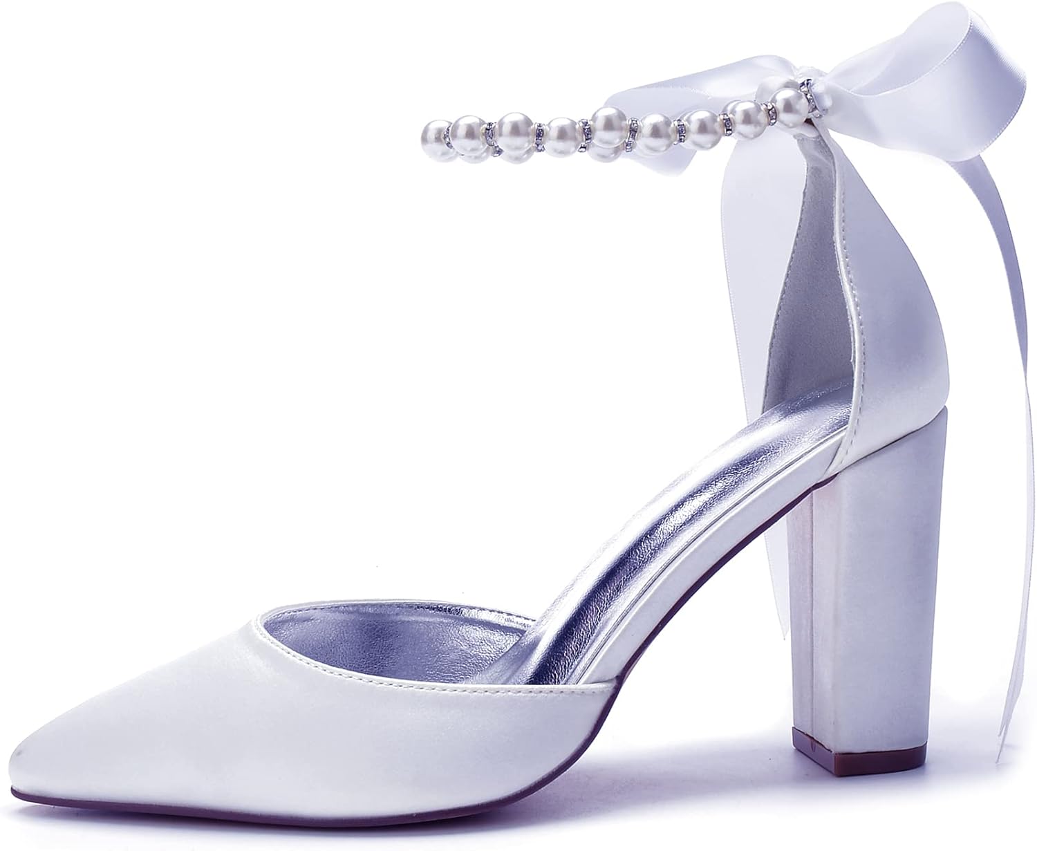 Women Pearl White Wedding Shoes for Bride High Heels Pointed Toe Bridal Shoes Satin Block Heels Prom Party Dress Pumps Sandals