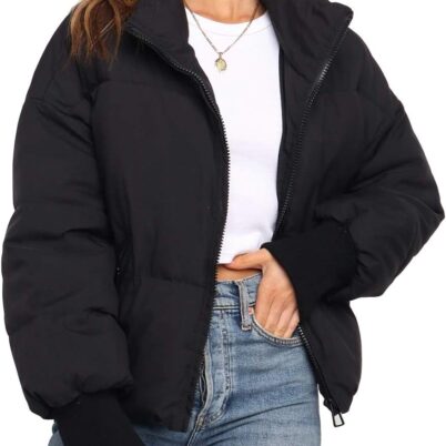Women 2025 Winter Long Sleeve Zip Puffer Jacket Pockets Baggy Short Coats