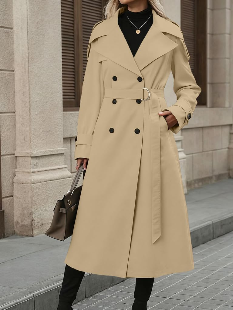 Women's Long Trench Coat Double Breasted Lapel Oversized Windproof Overcoat with Belt