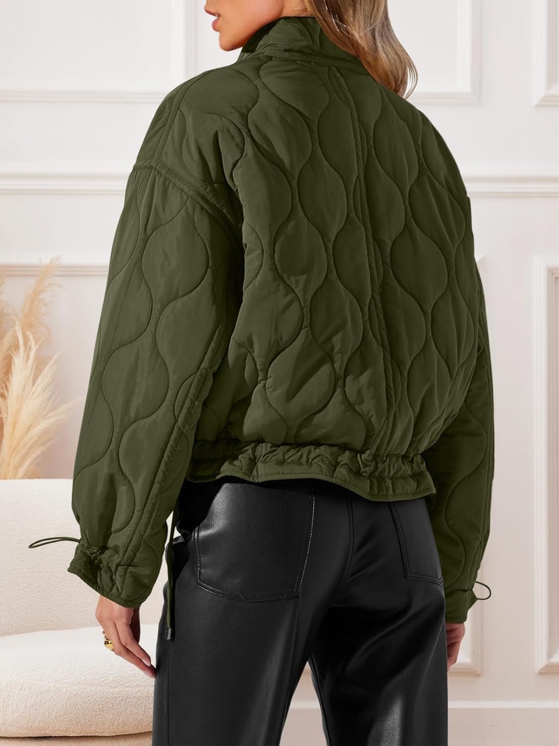 Women Cropped Zip-Up Bomber Jackets Warm Quilted Long Sleeve Stand Neck Winter Coats