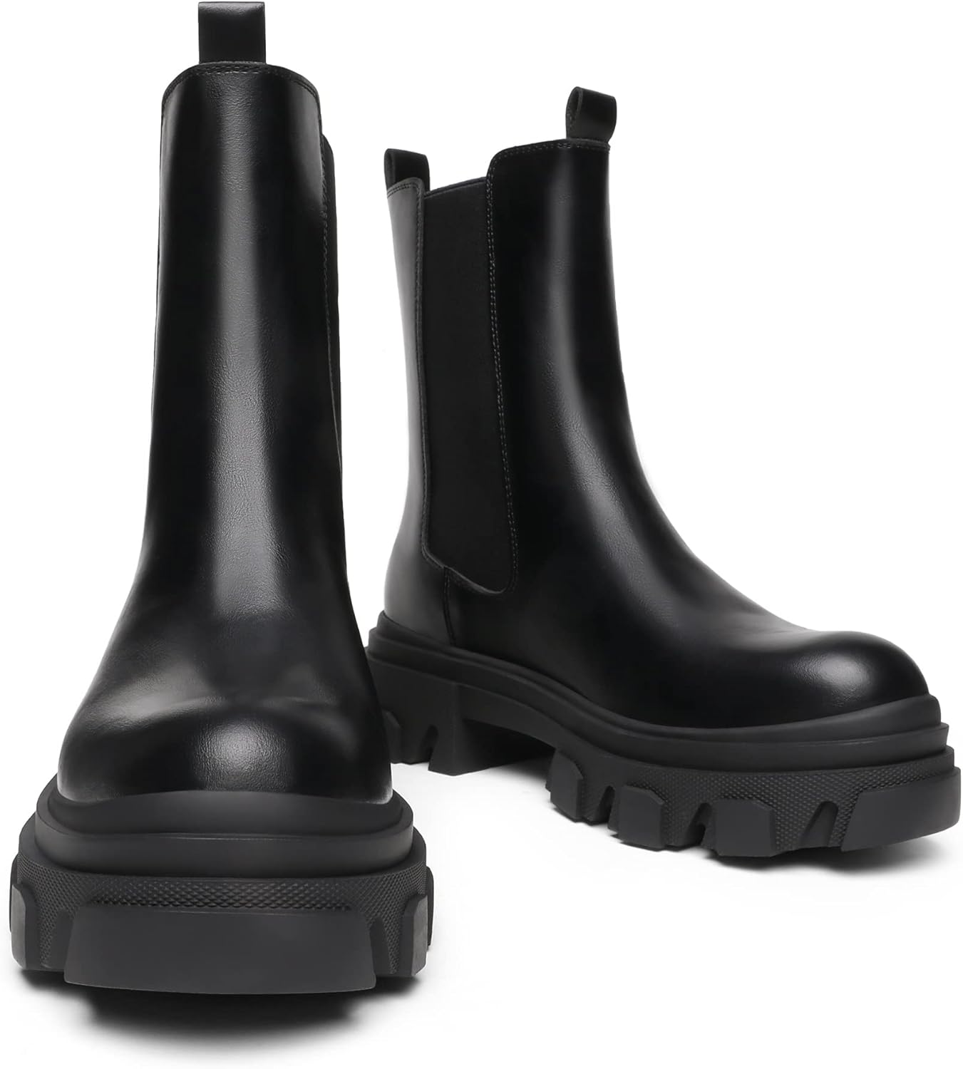 Women Platform Chelsea Boots Lug Sole Combat Mid Calf Slip On Chunky Ankle Booties