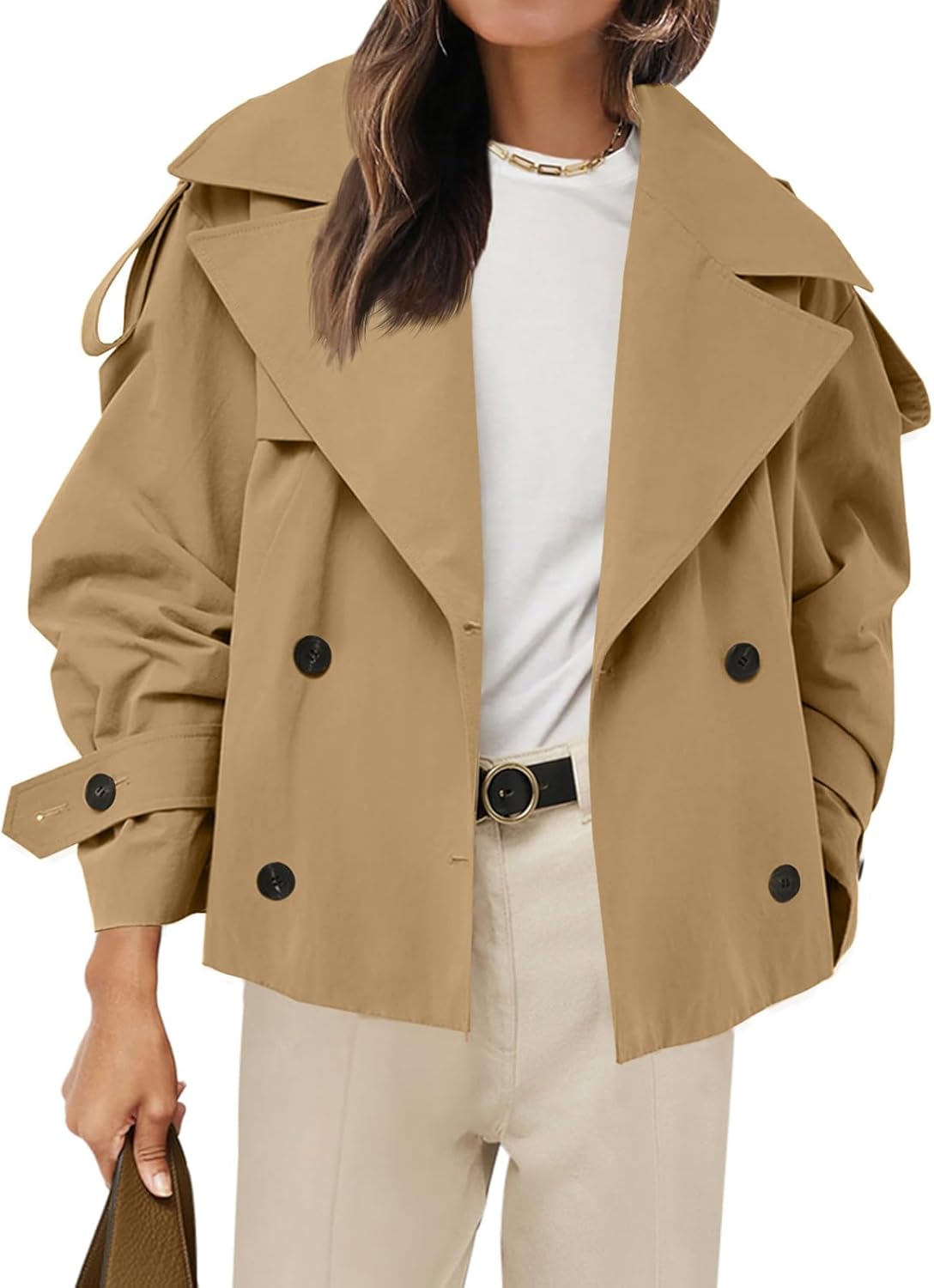 Womens Cropped Trench Coat Casual Double Breasted Short Jacket Fall Fashion Outerwear with Belt