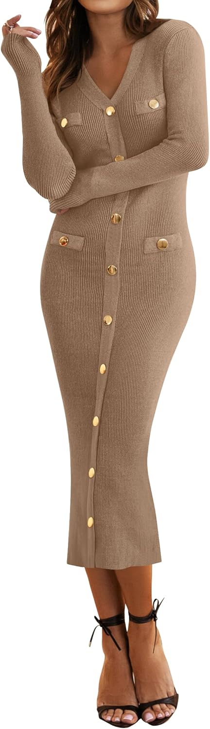 Women's V-Neck Bodycon Sweater Dress 2025 Fall Long Sleeve Button Down Knit Maxi Dress Elegant Long Dresses