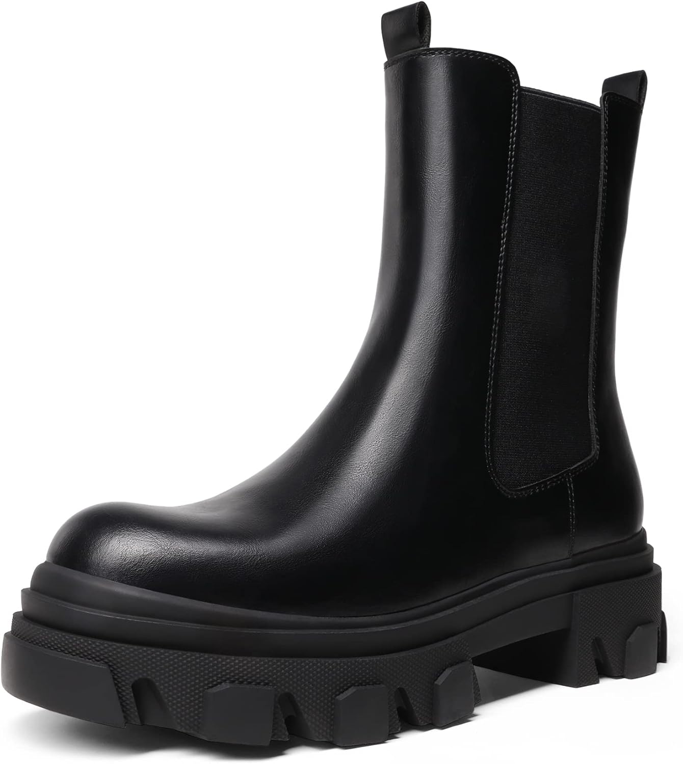 Women Platform Chelsea Boots Lug Sole Combat Mid Calf Slip On Chunky Ankle Booties