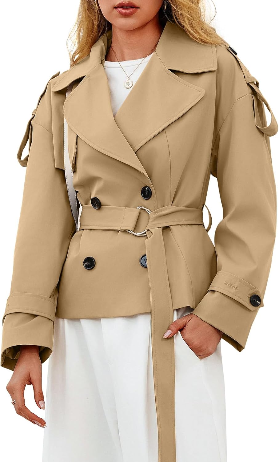 Womens Cropped Trench Coat Casual Double Breasted Short Jacket Fall Fashion Outerwear with Belt