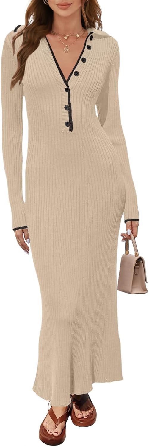 Women's Long Sleeve V Neck Sweater Dress Button Ribbed Knit Slim Fit Elegant Maxi Dresses