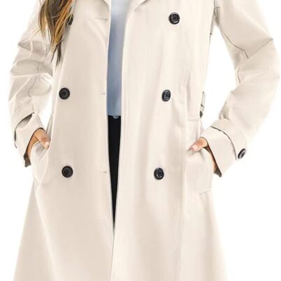 Women's Waterproof Trench Coat Long Double Breasted Windbreaker Classic Belted Lapel Overcoat with Removable Hood