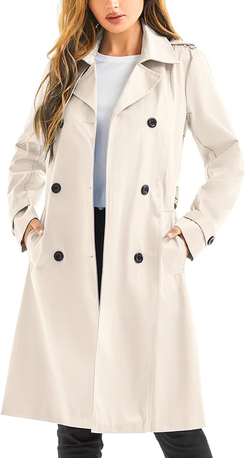 Women's Waterproof Trench Coat Long Double Breasted Windbreaker Classic Belted Lapel Overcoat with Removable Hood