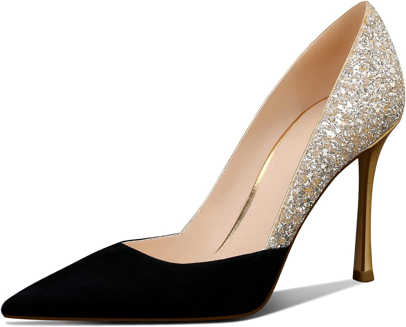 Women Gold Classic Pointed Toe High Heels Stiletto Pumps with 3.35in Sparkly for Wedding,Party,Dress