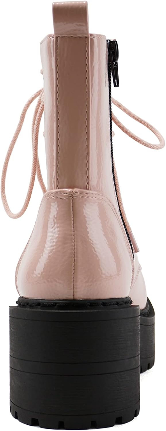 Women Chunky Lug Sole Lace up Fashion Combat Ankle Boot w/Side Zipper