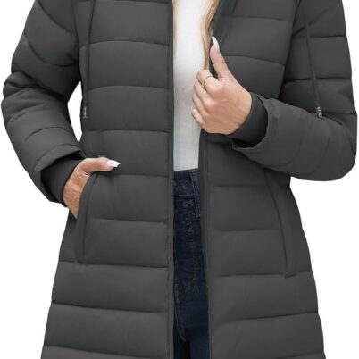Women Winter Puffer Coat Fleece Lined Thicken Jacket Mid-Length Hooded Waterproof Down Parka with Detachable Hood