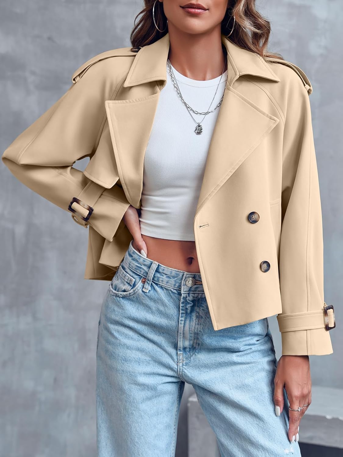Women Crop Double Breasted Trench Coat Raglan Sleeve Work Office Cropped Jacket With Pockets