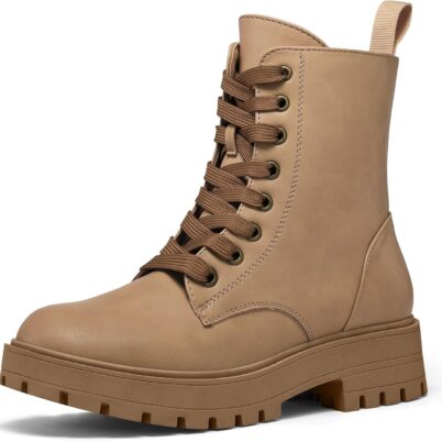 Women Combat Boots Lace-Up Platform Ankle Booties Chunky Low Heel Side Zipper Shoes