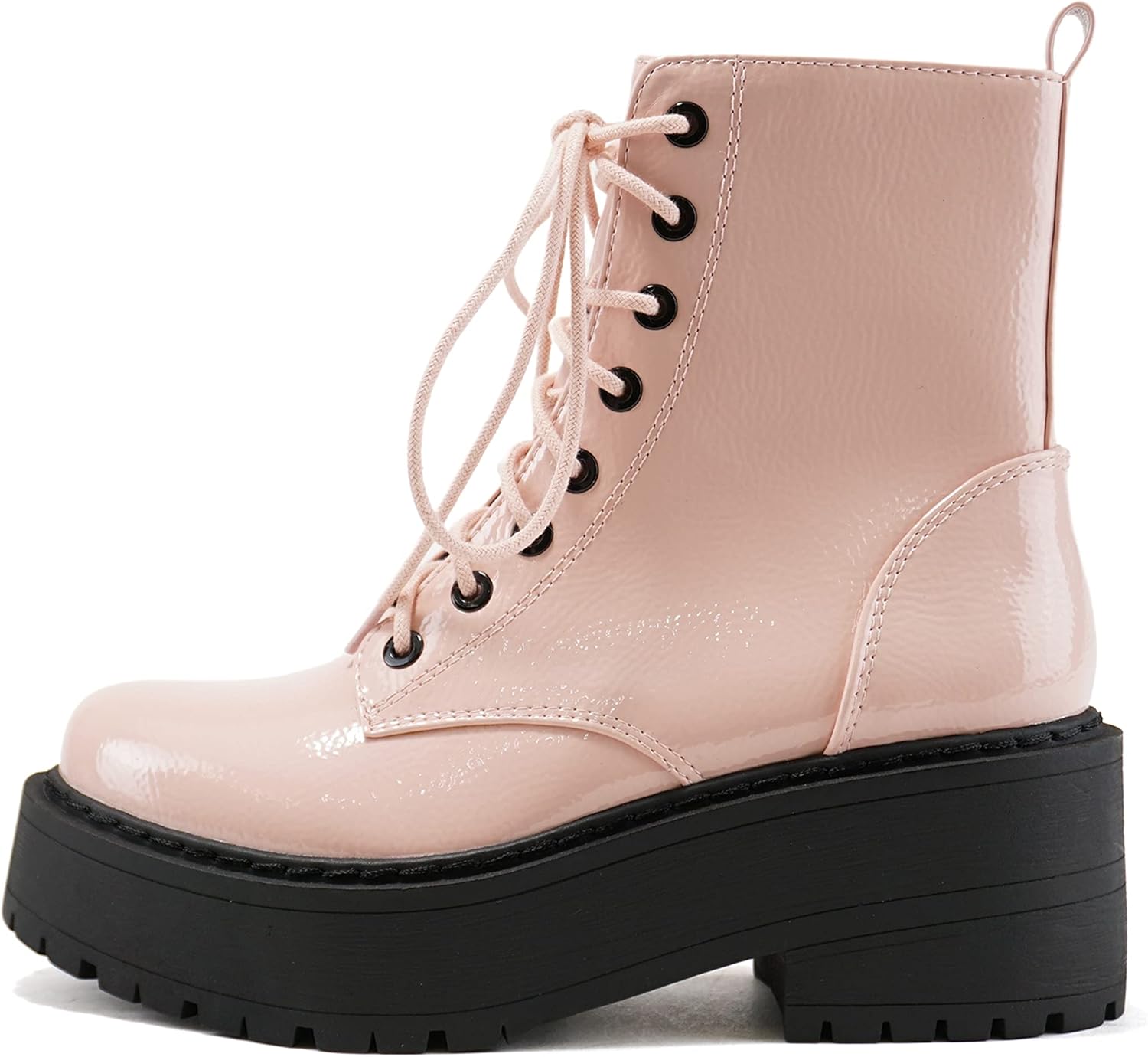 Women Chunky Lug Sole Lace up Fashion Combat Ankle Boot w/Side Zipper