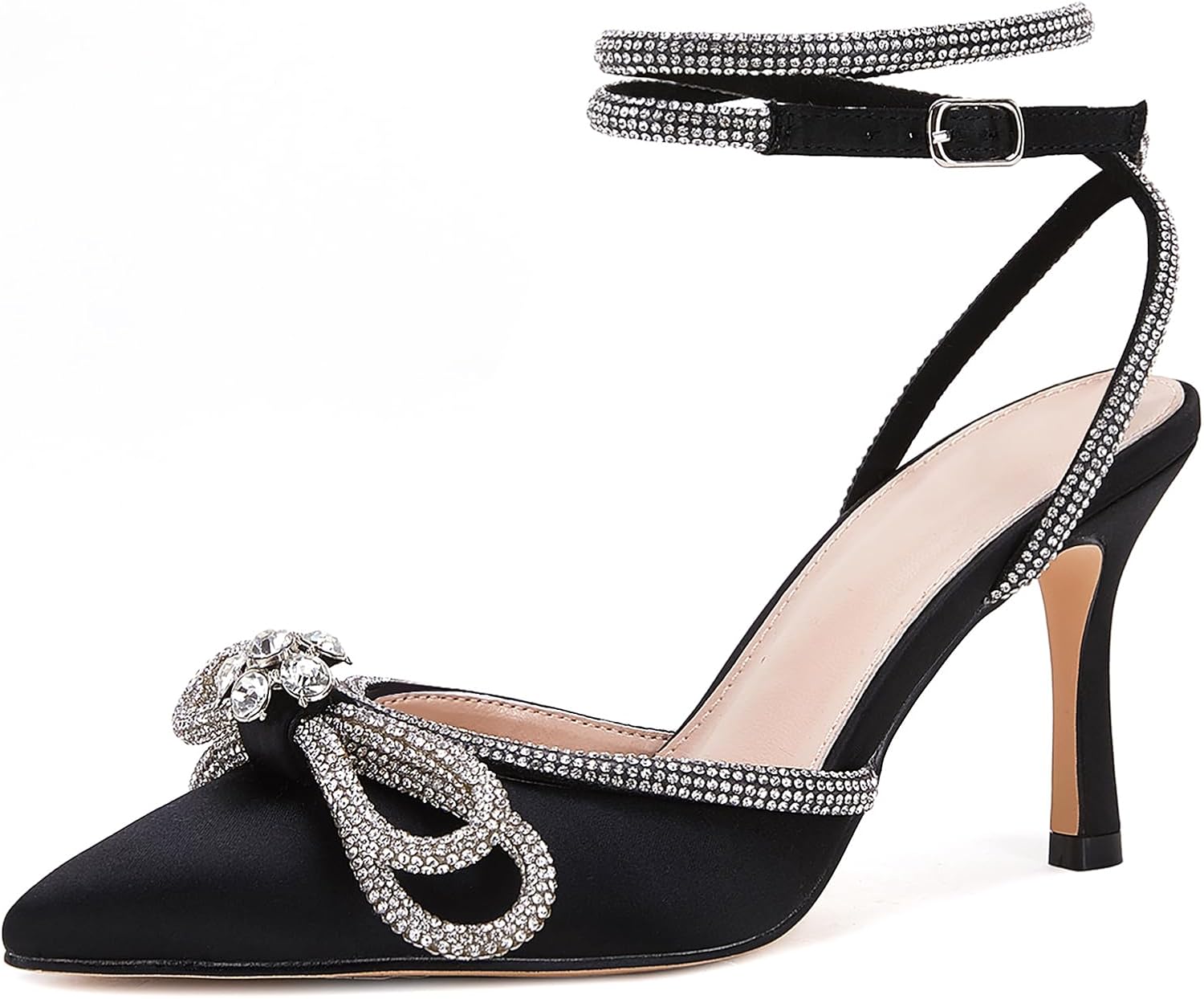 Women Double Bow Pointed Toe Ankle Strap Crystal Pumps Wedding Bridal Party Stilettos Backless Satin Heeled Sandals