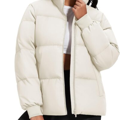 Women Winter Down Puffer Jackets Stand Collar Zip Up Water Resistant Warm Padded Quilted Coat with Pockets