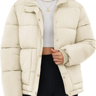 Women Cropped Puffer Jacket Winter Stand Collar Zip Up Snap Button Warm Lightweight Short Quilted Coat