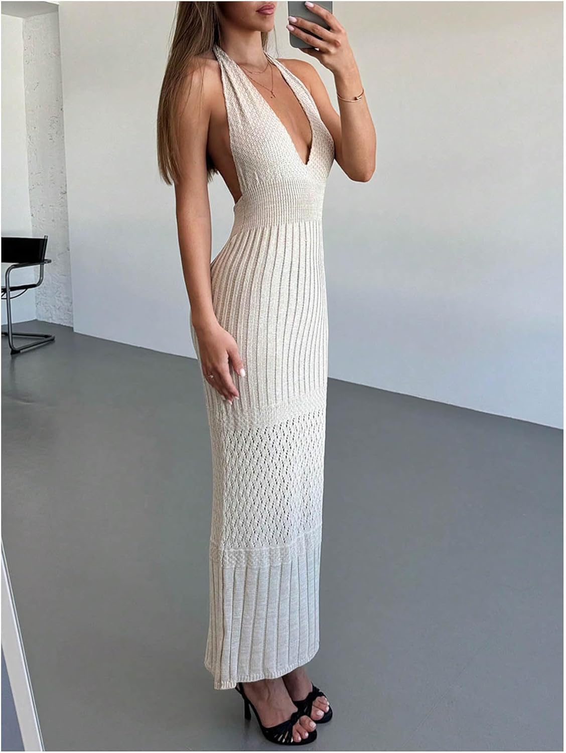 Women's Crochet Knit Halter Dress Deep V Neck Sleeveless Tie Backless Bodycon Long Dresses