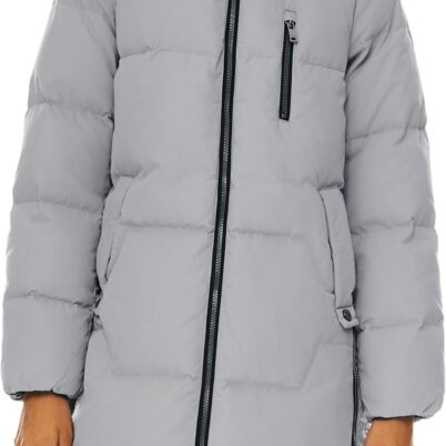 Women Stylish Down Hooded Jacket with Two-Way Zipper Winter Down Coat Puffer Jacket A-line Coat