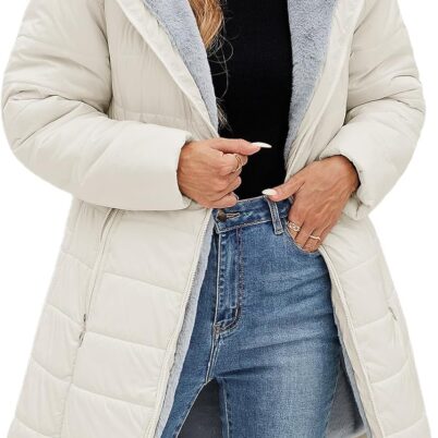 Women Winter Fleece Lined Down Jacket Windproof Fur Warm Fit Down Jacket - Long Ski Coat for Commuting