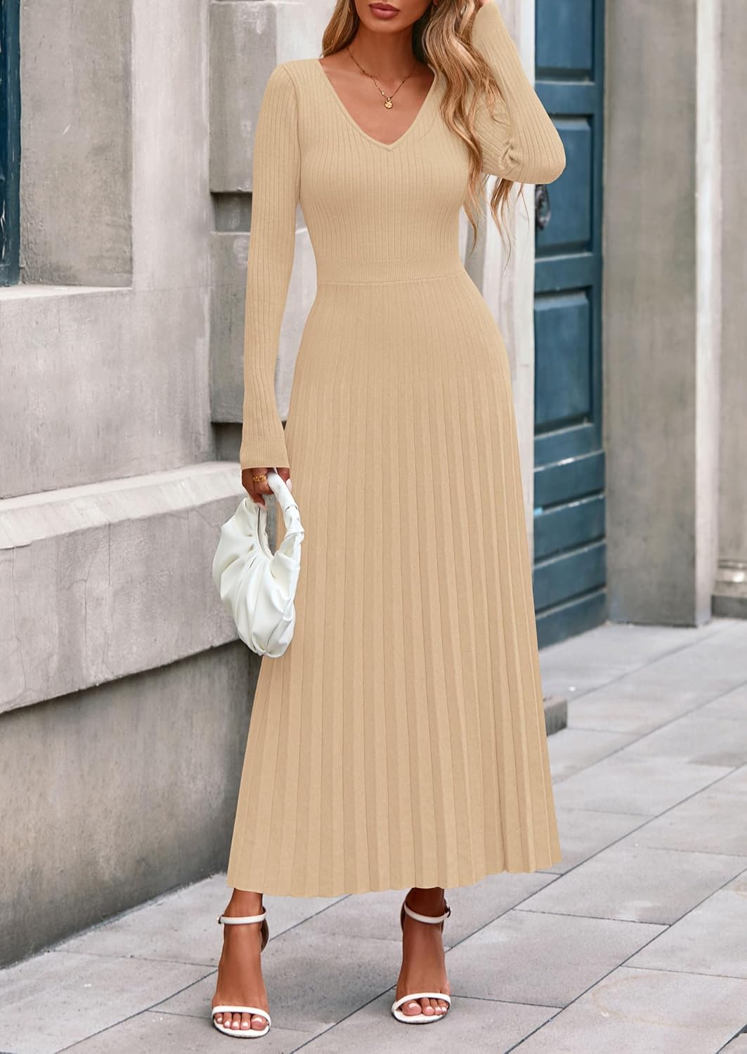 Women Sweater Dress Fall Fashion 2025 Long Sleeve V Neck Ribbed Knit Pleated A Line Elegant Maxi Winter Dresses